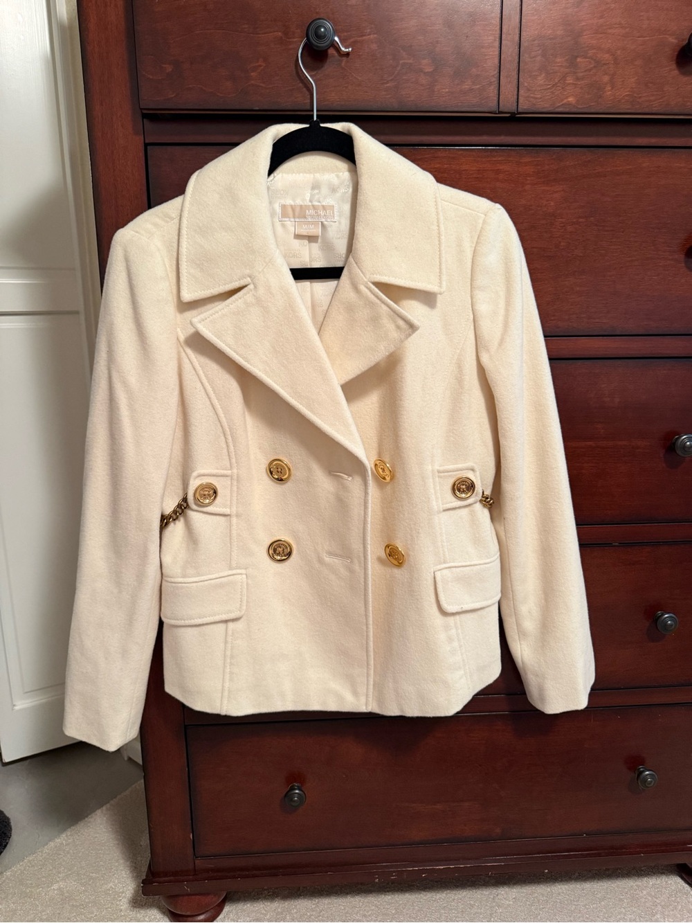 Michael Kors Cream Double-Breasted Peacoat with Gold Buttons